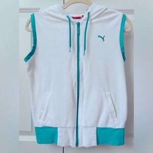 Puma Terry Cloth Vest EUC Hooded Hoodie Cropped White Teal Aqua Turquoise Towel